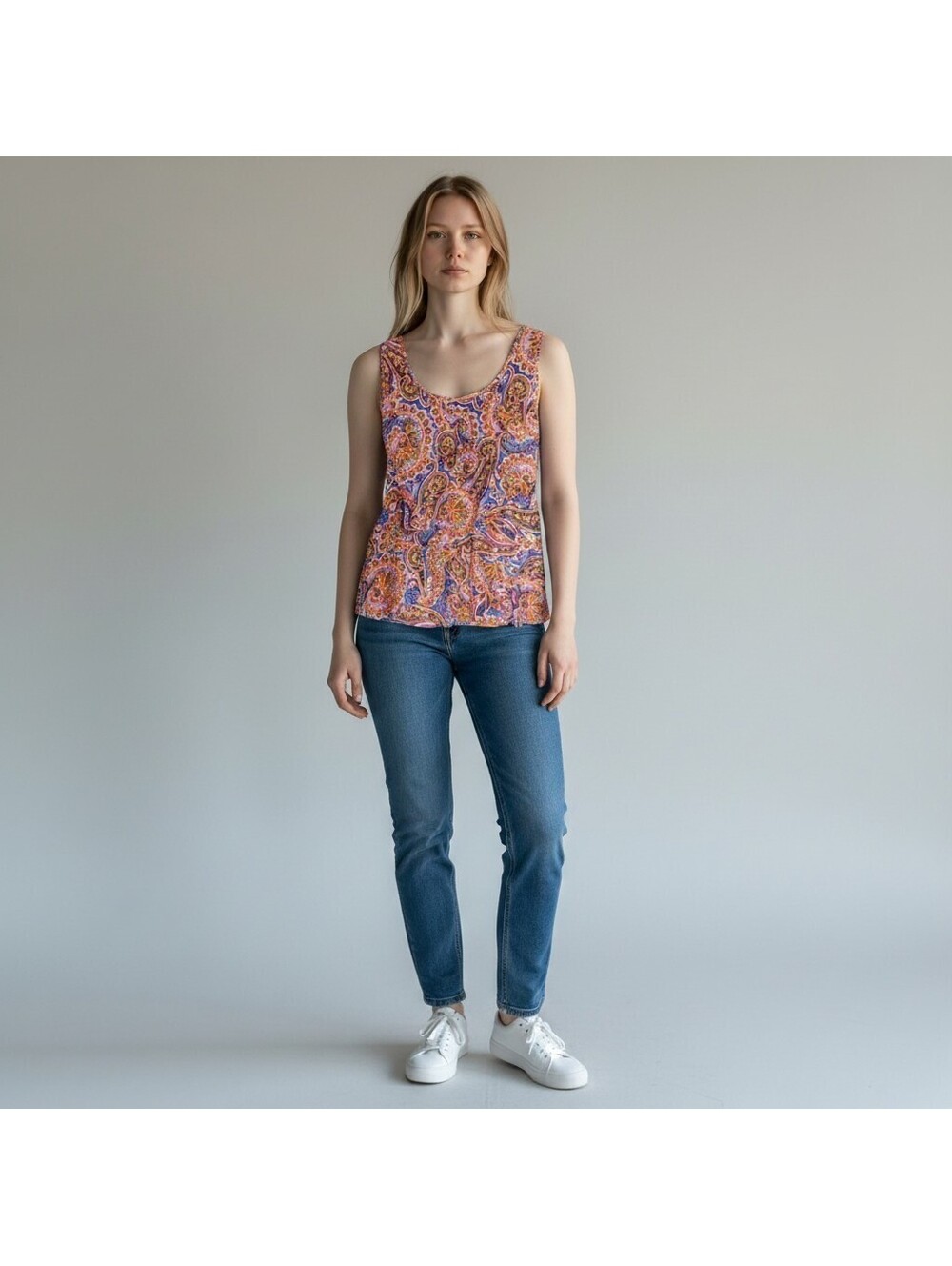 Roz & Ali Blouse Women S Small Orange Geometric Sleeveless Wide Strap Casual